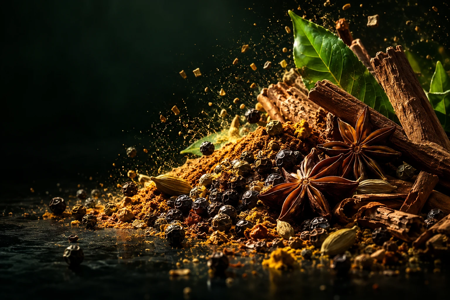 Editorial still life of whole spices and a fresh green leaf